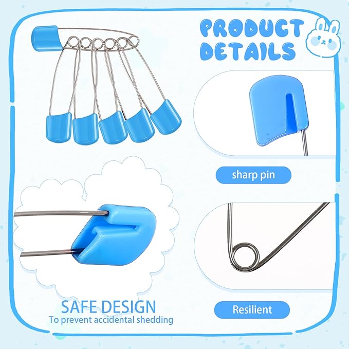 WILLBOND 8 Pcs Safety Pins 2.2 Inch Plastic Head Cloth Pins with Locking Closures Stainless Steel with Velvet Bag, Blue