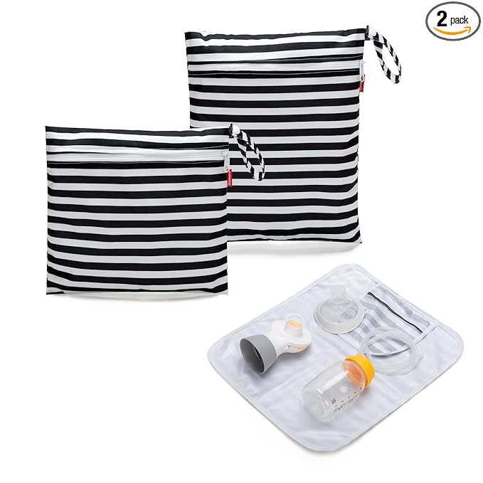 Damero Breast Pump Parts Bag, 2Pack Wet Bag for Breast Pump Parts Storage with Waterproof Mat, Black Strips