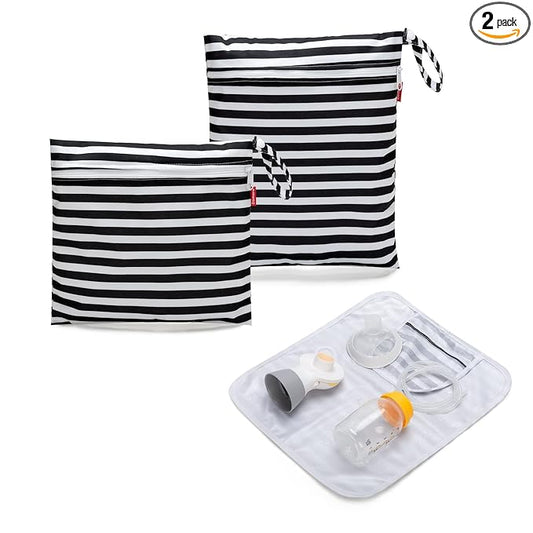 Damero Breast Pump Parts Bag, 2Pack Wet Bag for Breast Pump Parts Storage with Waterproof Mat, Black Strips