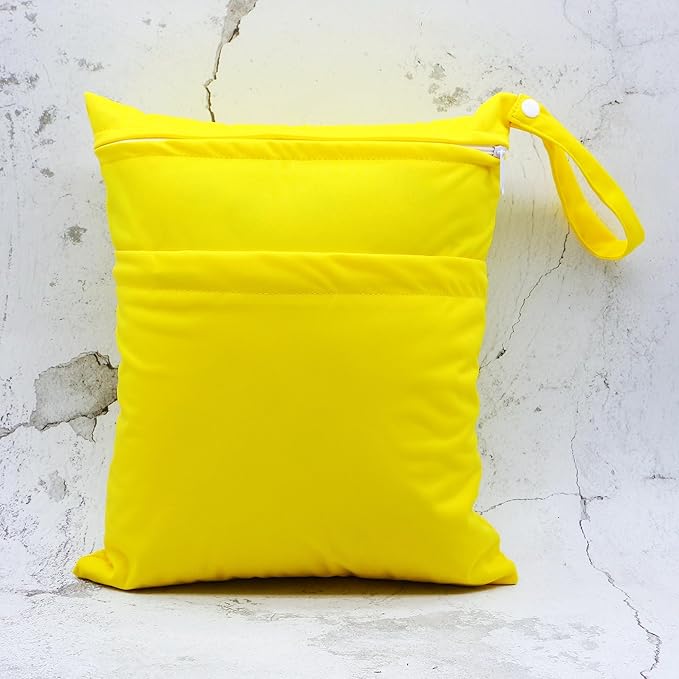 2pcs Cloth Diaper Wet Dry Bags Waterproof Reusable with Two Zippered Pockets Travel Beach Pool Daycare Soiled Baby Items Yoga Gym Bag for Swimsuits or Wet Clothes (3036-2-yellow+blue)