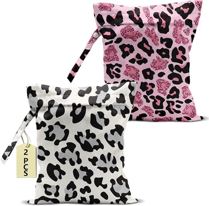 2Pcs Leopard Print Wet Bags, Wet Dry Bag Reusable Zipper Pouch for Swimsuit, Diapers, Travel, Pool, Beach, Dirty Yoga Gym Clothes, Toiletries, Waterproof Birthday Christmas Gifts