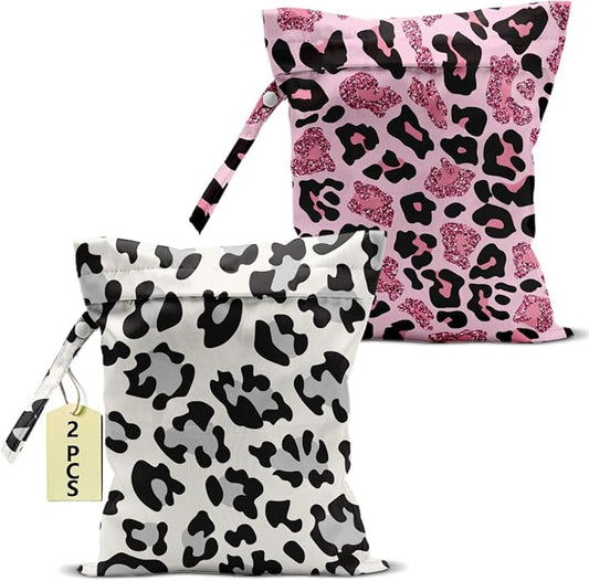 2Pcs Leopard Print Wet Bags, Wet Dry Bag Reusable Zipper Pouch for Swimsuit, Diapers, Travel, Pool, Beach, Dirty Yoga Gym Clothes, Toiletries, Waterproof Birthday Christmas Gifts