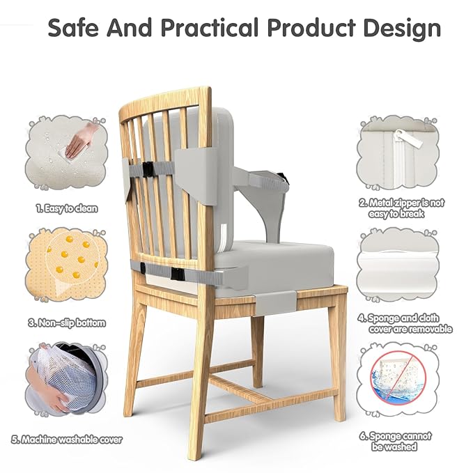 Toddler Booster Seat for Dining Table,Booster Seat for Kitchen Chair with Extended Straps,2PCS Portable with Safety Buckles,Suitable for Kids Aged 3-12 in Restaurants(Silver Gray)