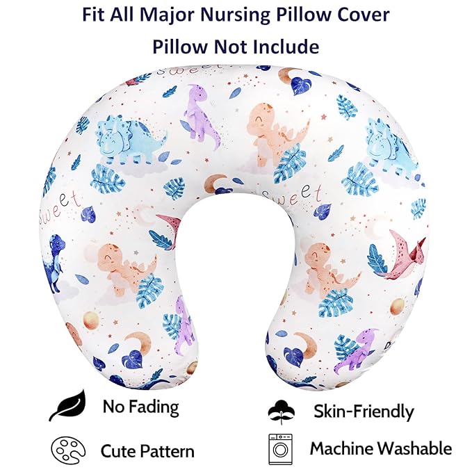 DILIMI Nursing Pillow Cover Stretchy Removable Case for Breastfeeding Pillows, Ultra Soft Comfortable Slipcover for Baby Girl and Boy, Watercolor Dinosaur and Leaves
