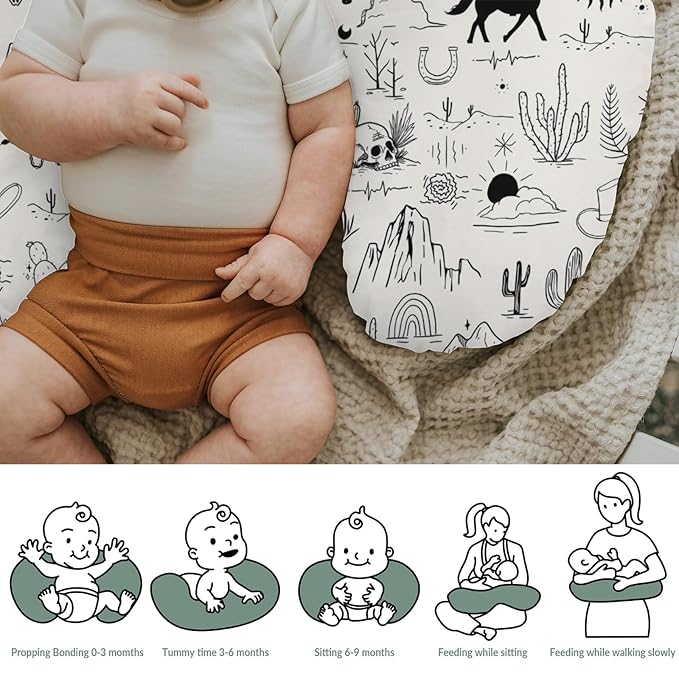 Western Cowboy Baby Nursing Pillow Covers for Boy Girl Wild West Cactus Mountain Snake Cattle Skull Sun Nursing Pillow Slipcovers for Breastfeeding Pillows Desert Adventure Soft Stretchy Cover