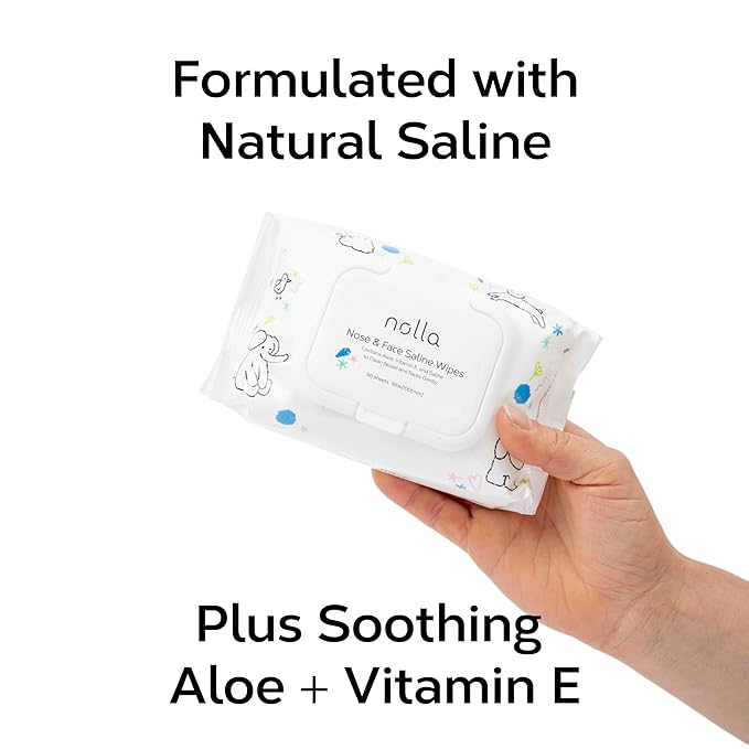 Nolla Nose and Face Wipes for Babies & Kids with Saline, Vitamin E, & Aloe | Unscented | Compostable, 360 Count (12 Packs of 30)
