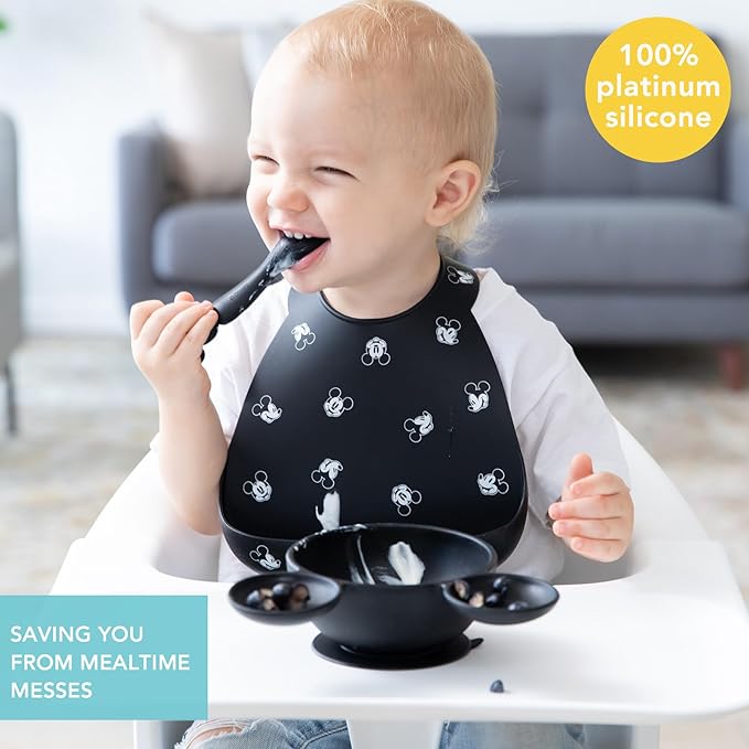 Bumkins Disney Bibs, Silicone Pocket for Babies, Baby Bib for Girl or Boy, for 6-24 Months Up to Toddler, Essential Must Have for Eating, Feeding, Baby Led Weaning Supplies, Mess Saving, Mickey Mouse