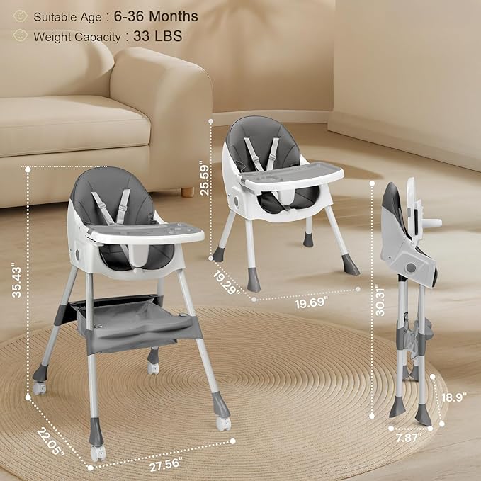 Ktaxon Foldable Baby High Chair, 2-in-1 Portable Convertible Highchair with 5-Point Safety Harness, Easy to Clean Tray and Storage Bag for Toddlers & Babies, Grey