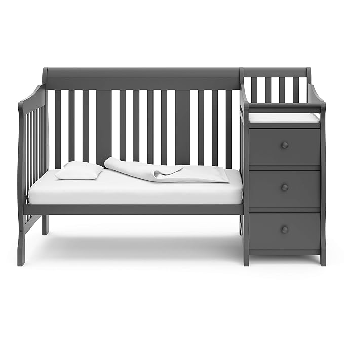 Storkcraft Portofino 5-in-1 Convertible Crib and Changer – Crib and Changing Table Combo with Drawer, Converts to Toddler Bed, Daybed and Full-Size Bed, Storage Drawer (Gray)