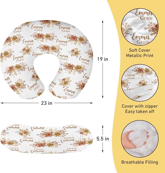 Customizable Flowers Baby Nursing Pillow Cover - Add Your Baby's Name, Ultra-Soft Stretch Fabric, Fits Standard Nursing Pillows, Ideal for Baby Showers Style 04