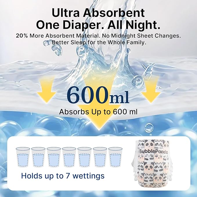 BubblePanda Overnight Diapers, Baby Diapers Nighttime Protection with Dual Absorbent Core, Wider Absorbent Zone, Leak Proof & Soft Surface, Disposable(Size 2, Count 80)