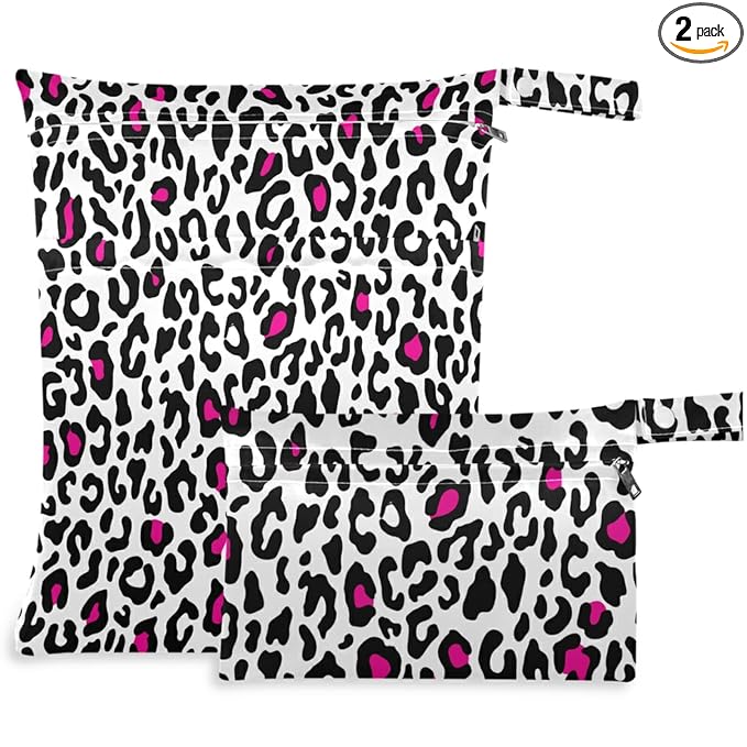 visesunny Pink Leopard Cheetah Spots Animal Print 2Pcs Diaper Changing Totes Wet Bags with Zippered Pockets Washable Reusable Roomy Cloth Diaper for Travel,Beach,Daycare,Stroller,Dirty Gym Clothes,Wet