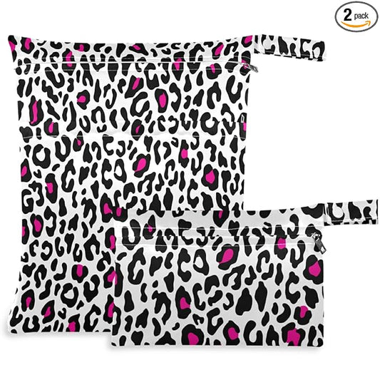 visesunny Pink Leopard Cheetah Spots Animal Print 2Pcs Diaper Changing Totes Wet Bags with Zippered Pockets Washable Reusable Roomy Cloth Diaper for Travel,Beach,Daycare,Stroller,Dirty Gym Clothes,Wet
