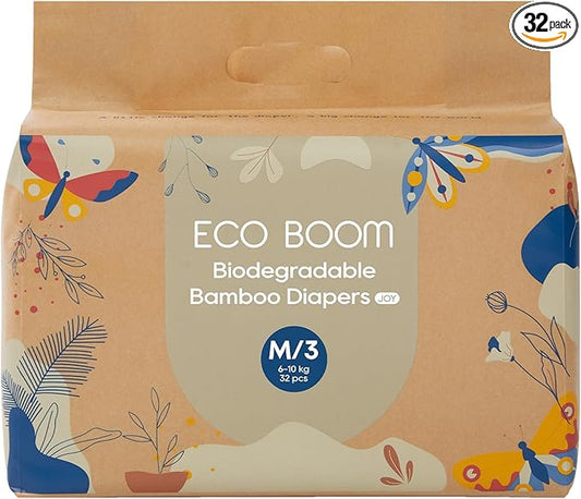 ECO BOOM Bamboo Viscose Baby Diapers, Size 3, 32 Count, Soft & Absorbent Disposable Diapers for Sensitive Skin, Breathable Leak Protection, Eco-Friendly Paper Packaging