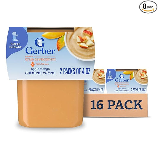 Gerber Stage 2 Baby Food, Apple Mango Oatmeal Cereal Puree Tubs, Baby Cereal, 16PK