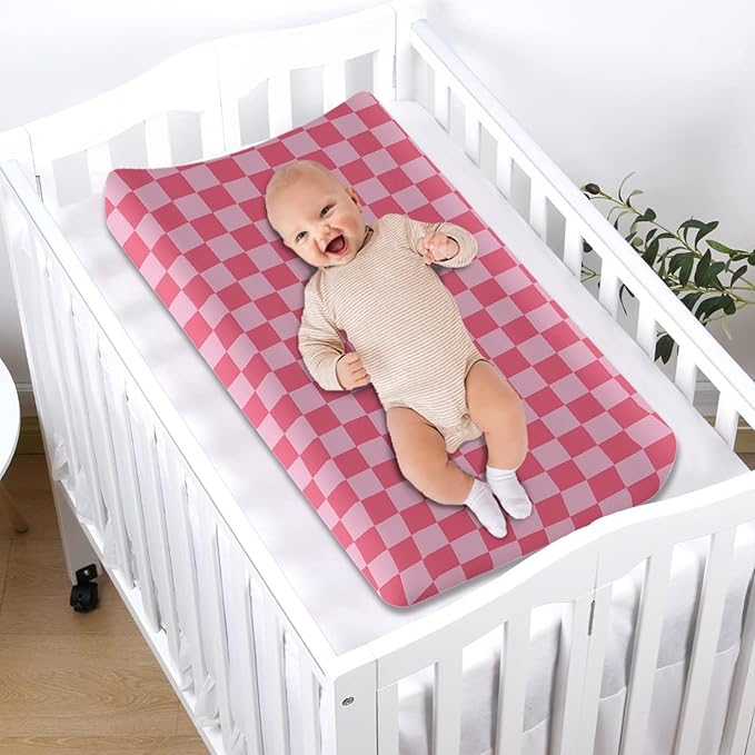 Rose Pink Checkered Changing Pad Cover for Baby Girls Boys Cartoon Breathable Diaper Change Table Sheet Soft Stretchy Cute Change Table Mat Cover Fit 32x16