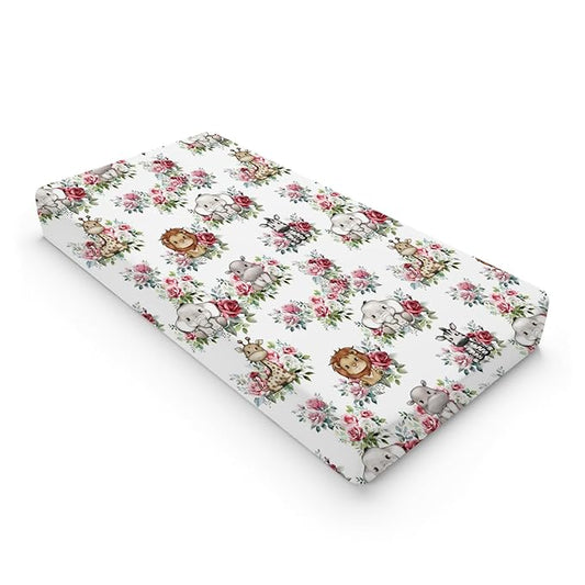 Baby Safari Animals Boho Floral Changing Pad Covers Lion Elephant Giraffe Zebra Hippo Roses Diaper Change Table Pad Covers for Girl Boy Soft Breathable Stretch Changing Mat Sheets 32''x16''