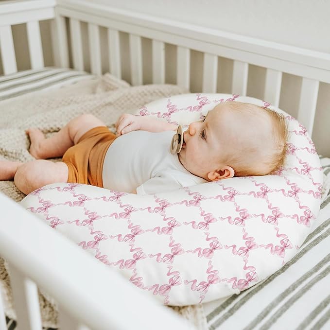 Pink Bows Ribbon Nursing Pillow Covers for Girl Pastel Baby Pink Ribbons Nursery Feeding Pillowcase for Breastfeeding Pillows Watercolor Bows Girly Soft Stretchy Removable Cover for Newborn Infant