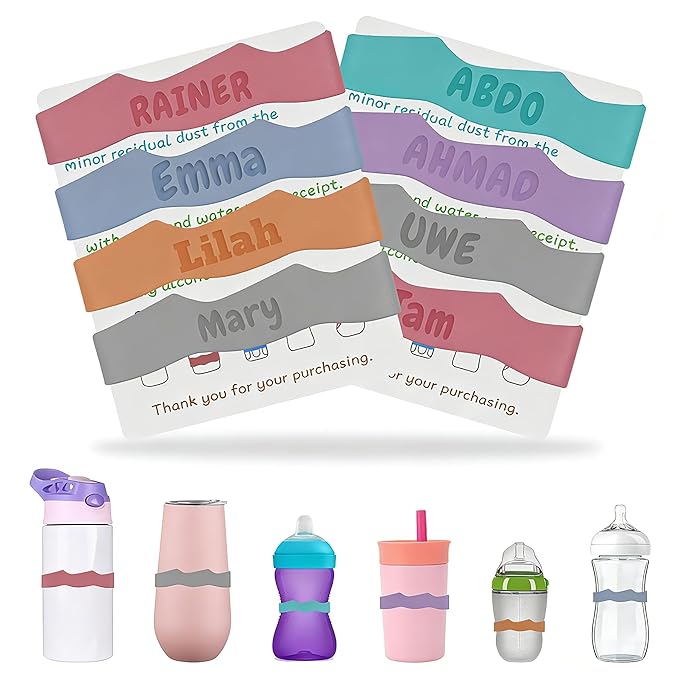 4 Pack Personalized Baby Bottle Name Bands, Custom Silicone Water Bottle Labels for Daycare Reusable, Laser Engraving Toddler Name Tags, Waterproof Customized Kids Cup Identifier Rubber Ring Removable