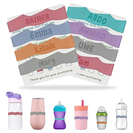 4 Pack Personalized Baby Bottle Name Bands, Custom Silicone Water Bottle Labels for Daycare Reusable, Laser Engraving Toddler Name Tags, Waterproof Customized Kids Cup Identifier Rubber Ring Removable