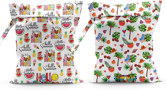 Waterproof Cloth Diaper Wet Dry Bag Reusable Travel Beach Pool Daycare Soiled Toddler Items Yoga Gym Bag for Swimsuits Wet Clothes Bags - 2pcs Summer Themed Pattern