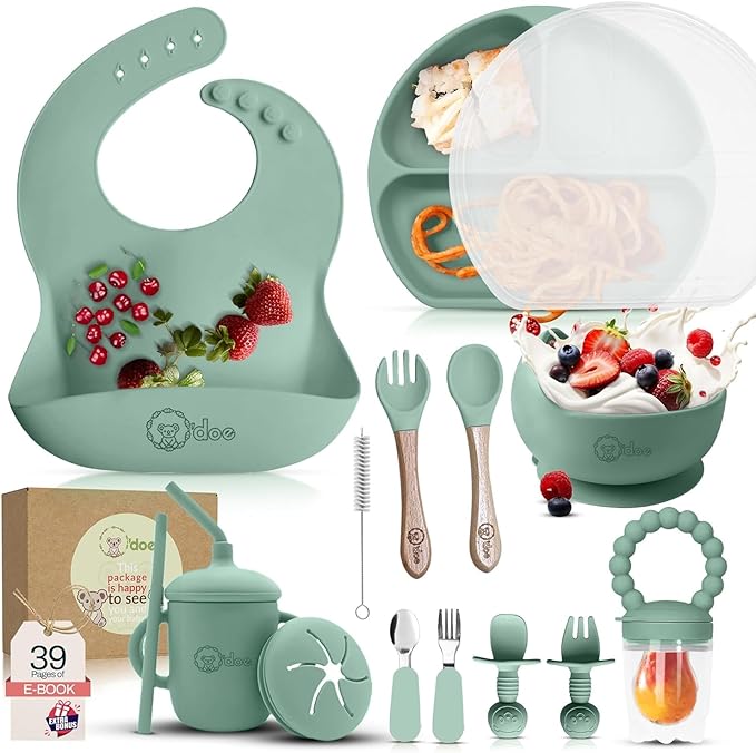 O'doe 17-Piece BPA-Free Silicone Baby Feeding Set | Thick & Soft Suction Plates, Baby Bowls, Wooden Fork & Spoon, and More | Make Mealtime Fun and Easy for Your Little One (Green, V2)