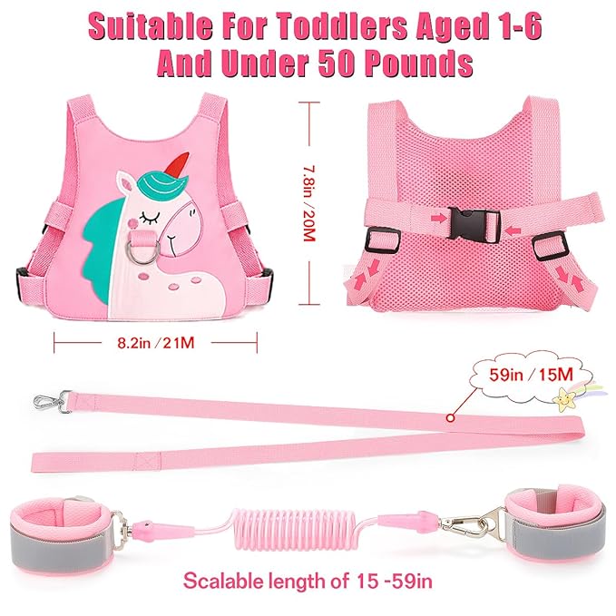 Toddler Leash-Baby Walking Safty Harness and Child Anti Lost Wrist Link for Girls/Boys Travel (Pink)