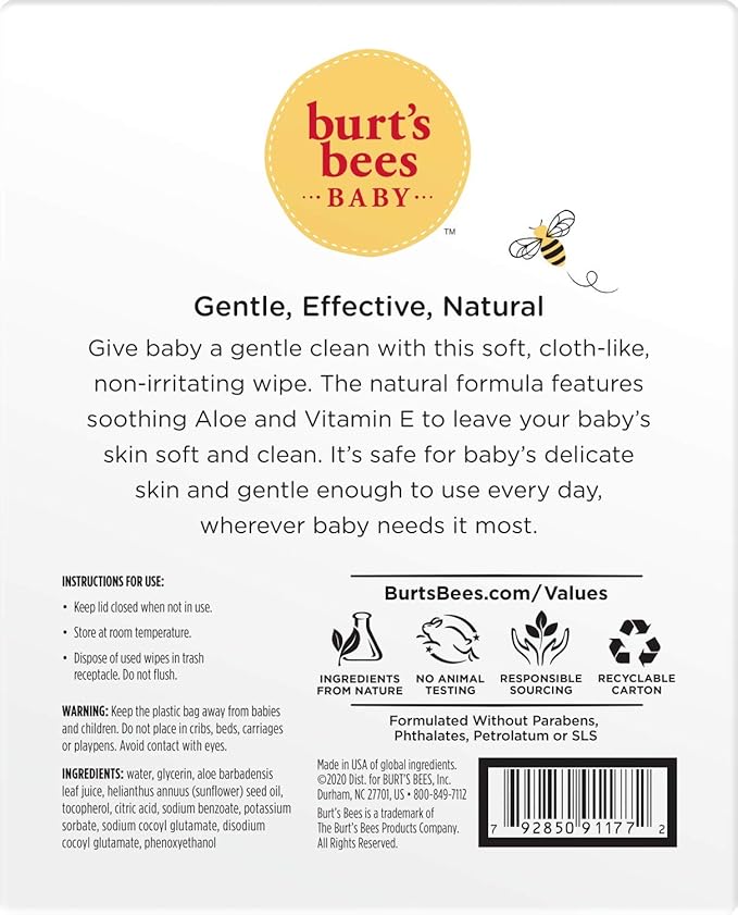 Burt’s Bees Baby Wipes, Unscented Natural for Sensitive Skin with Aloe and Vitamin E - 72 Baby Wipes – 10 Pack