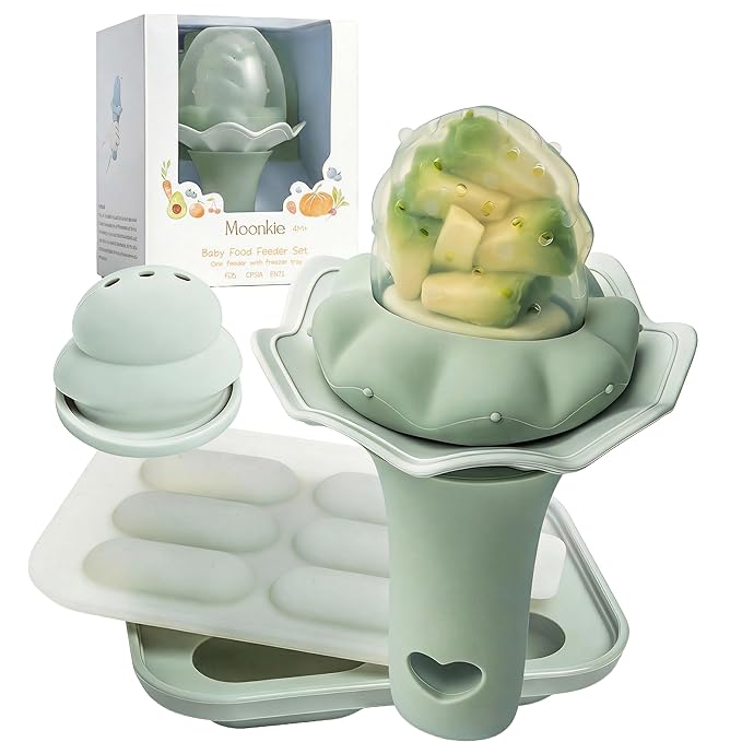 Moonkie Baby Fruit Feeder for Self-Feeding: Controlled Flow Design with 2 Pouches for Safe First Foods - BPA Free Silicone Food Feeder with Freezer Tray for Cooling Comfort - 4 Months+ - 1 Pack
