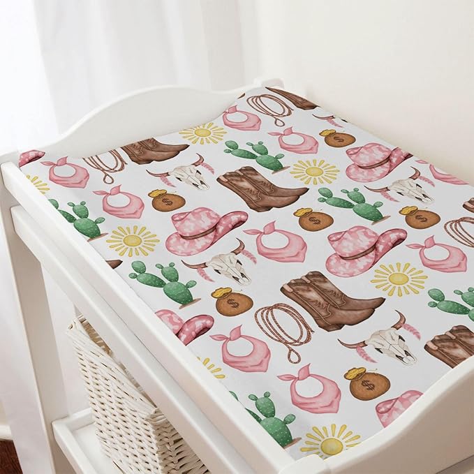 Western Cowgirl Baby Changing Pad Cover for Boys & Girls 32''x16'' Desert Cowboy Hat Boot Sun Cactus Unisex Fitted Changing Table Mats Sheets Soft Breathable Cradle & Bassinet Sheets Pink