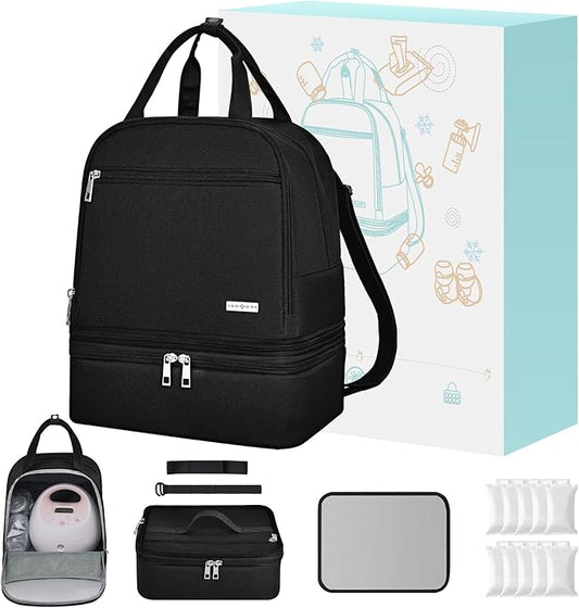 Breast Pump Bag with Insulated Cooler, Double-Layer Pumping Bag for Work & Travel, Fits Most Electric Breast Pumps, Includes 10 Ice Packs & Waterproof Mat, Detachable Bottle Cooler Tote, Black