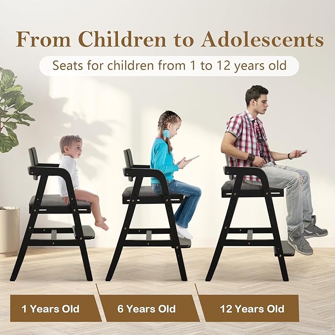 Solid Wood High Chair for Toddlers to Teens, Adjustable Height Toddler Dining Chair, Easy to Clean Toddler Highchair with Removable PU Cushion for Dining, Studying, Step Stool, Black
