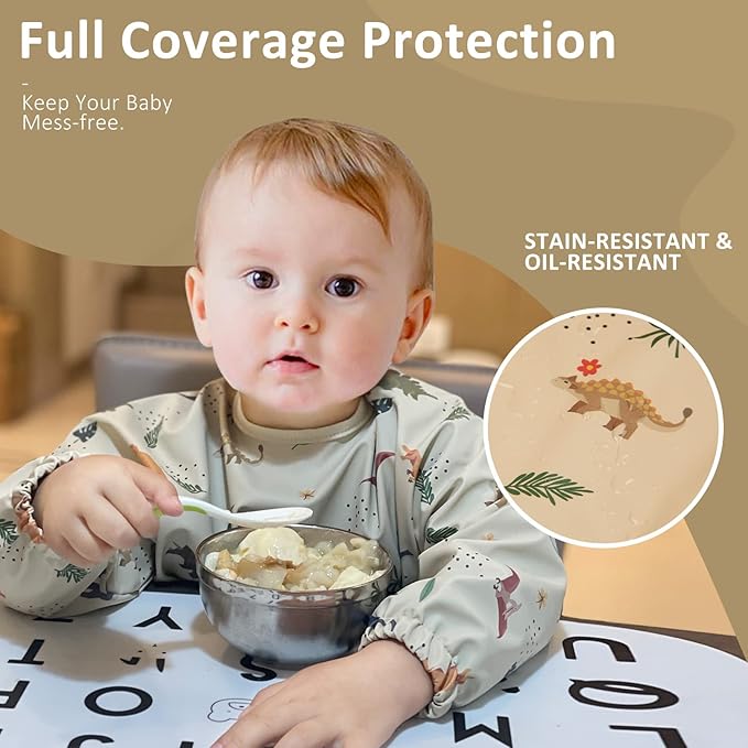 Long Sleeve Baby Bibs for Toddlers, Waterproof, Boys Girls Smock with Food Catcher Pocket for Feeding, Eating