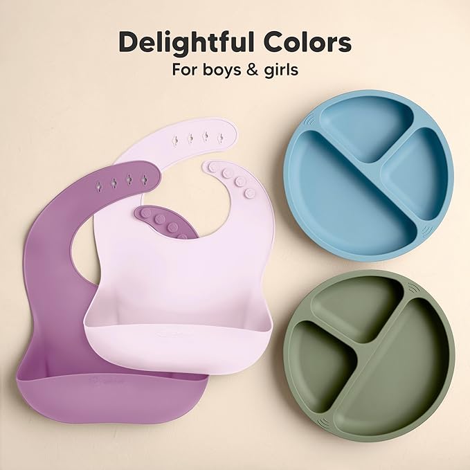 KeaBabies 2-Pack Silicone Bibs for Babies, Toddlers Girl, Boy – Sturdy Food-Grade Baby Bibs for Eating, Large Food Catcher, Clean & Put On Easily, Waterproof Toddler Feeding Essentials (Amethyst)
