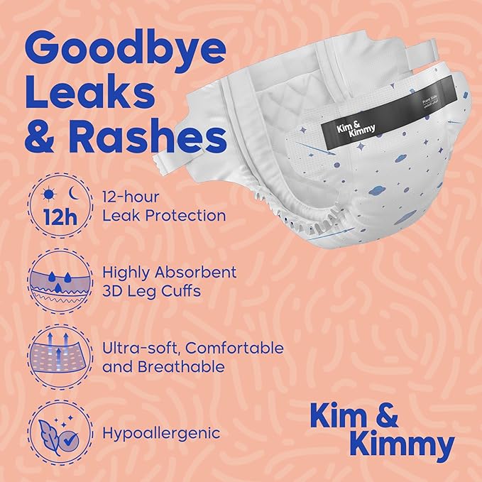 Kim & Kimmy Eco Diapers, New Born, Up to 11 lbs, 32 Diapers - 12 Hour Leak Protection, No Rashes, Hypoallergenic, Ultra-Soft & Highly Absorbent - Cruelty Free & Vegan - Space Travel