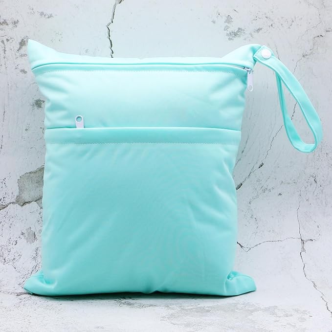 2pcs Cloth Diaper Wet Dry Bags Waterproof Reusable with Two Zippered Pockets Travel Beach Pool Daycare Soiled Baby Items Yoga Gym Bag for Swimsuits or Wet Clothes (3036-2-pinkmint)