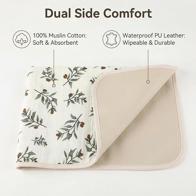 Baby Diaper Changing Pad, 19.7"x25.6" Waterproof Changing Pad Liners with 100% Muslin Cotton Front Top and Leather Back, Soft and Absorbent Portable Changing Mat for Travel, Changing Station