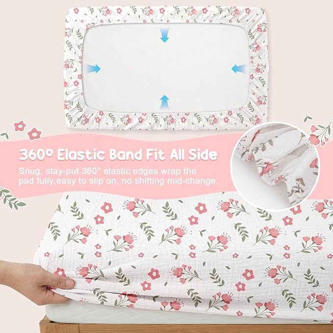 2 Pack Waterproof Muslin Changing Pad Cover with Safety Strap Hole, TPU Leakproof Protection Soft Muslin Baby Changing Table Covers for Boys & Girls, Fits 32" x 16" Changing Pad,Pink Blossom