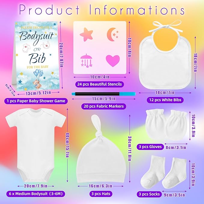 78PCS Baby Bib Bodysuit Baby Shower Set Baby Shower Game Sign Baby Feede Bib Newborn Bodysuit Fabric Marker