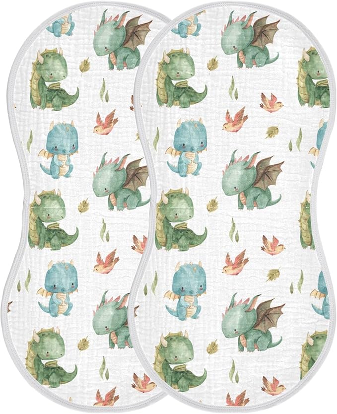 Watercolor Dragon Bird Leaf Pattern Muslin Burp Cloths for Baby 2 Pack 100% Cotton Baby Washcloths Bibs for Boy Girl