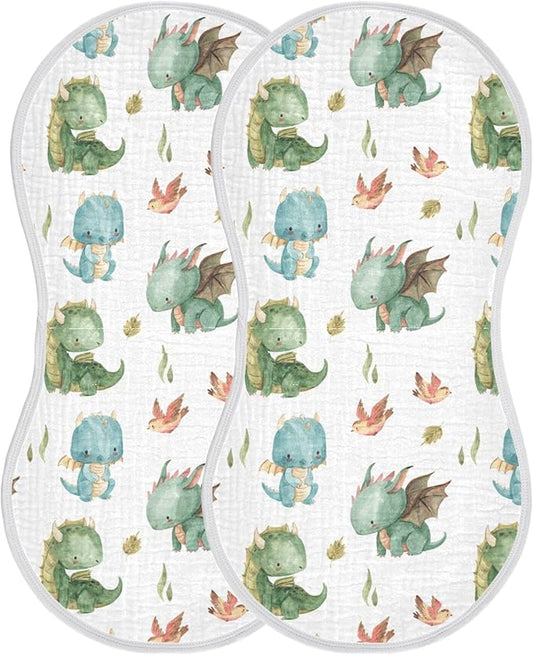 Watercolor Dragon Bird Leaf Pattern Muslin Burp Cloths for Baby 2 Pack 100% Cotton Baby Washcloths Bibs for Boy Girl