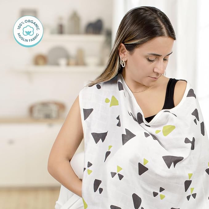 Sevi Bebe Multipurpose Muslin Cover 100% Cotton- Breathable Baby Essential, Breastfeeding, Nursing, Car Seat, Stroller Cover, Tummy Time Mat & Burp Cloth All in One (Triangle Pattern) (Pack of 1)