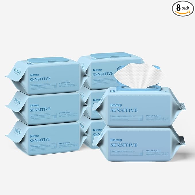BEBESUP-Korea’s #1 Sensitive Baby Wipes -Hypoallergenic Water-based Unscented Alcohol-Free Extra-Thick Ｏrganic Superfood Extracts Plant- Based for sensitive skin Flip-Top 640 Count (8 Packs)