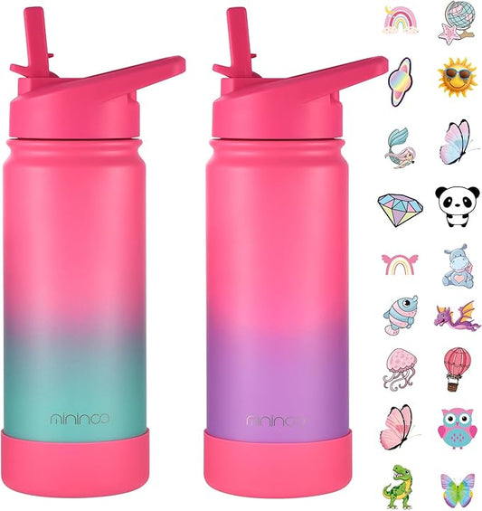 Mininoo Girls Water Bottle for School, 16oz Stainless Steel Insulated Metal Water Bottle with Straw Lid for Boys (2 Pack)