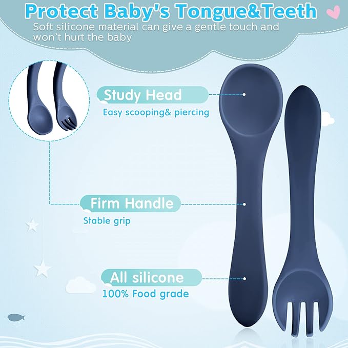 Nuenen 6 Pieces Silicone Baby Feeding Forks and Spoons Set Hot Safety First Stage Self Feeding Supplies Mini Kids Utensils for over 6 Months Babies Boy Girl Toddlers First Foods (Ocean Color)