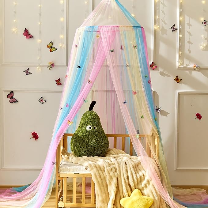 Rainbow Bed Canopy with Butterflies for Girls,Breathable Canopy Bed Curtain for Bed,Princess Play Tent for Kids Room Reading Nook