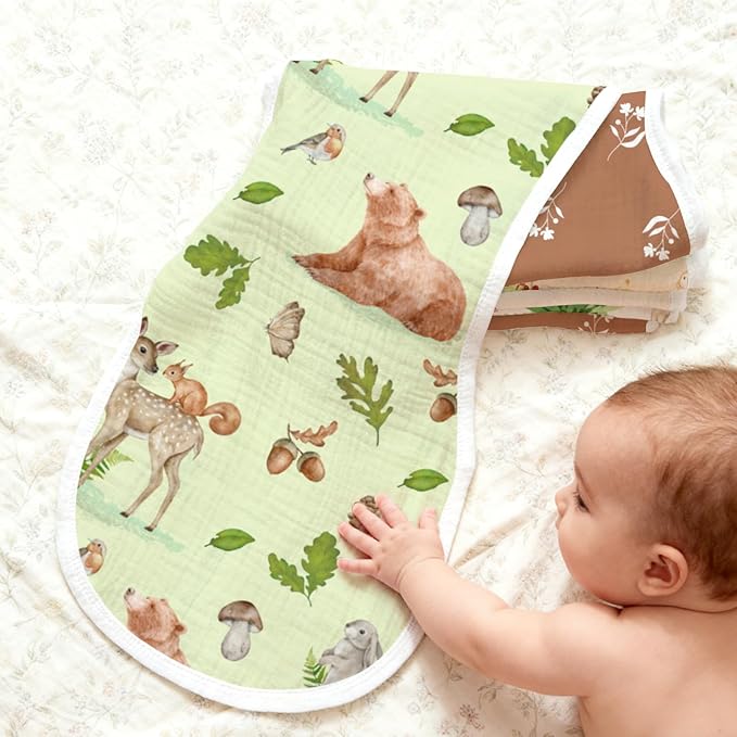 5pcs Woodland Baby Burp Cloths for Boys Girls Parent,100% Cotton Forest Animal Themed Muslin Burping Cloths,Burp Rags,Absorbent Spit-Up Cloths for Infant Newborns