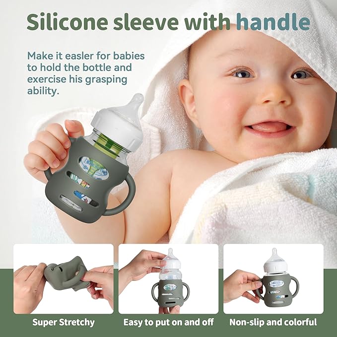 3 Pack Silicone Sleeves for Dr Brown Wide-Neck Glass Baby Bottles, Food GradeAnti Breakage Baby Bottle Holder with Handles and 3pcs Travel Bottle Caps, 5oz