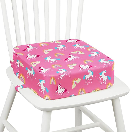 Toddler Booster Seat for Dining Table Kitchen Chair, Kids Booster Seat with Non-Slip Bottom and Adjustable Straps, 4" Detachable Washable Portable Travel Increasing Cushion (Pink Unicorn)