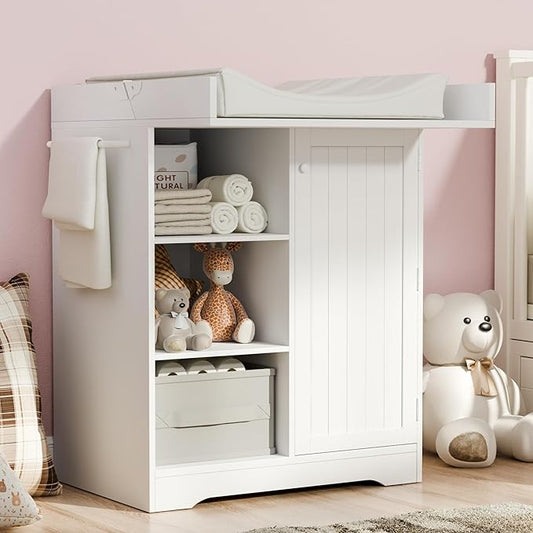 Gyfimoie Baby Changing Table with Foldable Tabletop, White Storage Cabinet with Shelf & Door Rack, Modern Diaper Changing Station with Storage, Perfect for Bedroom & Nursery (Pad Not Included)